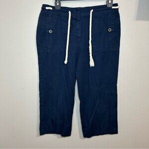 Sandro navy blue cotton cropped capri pants with rope belt women’s size 10